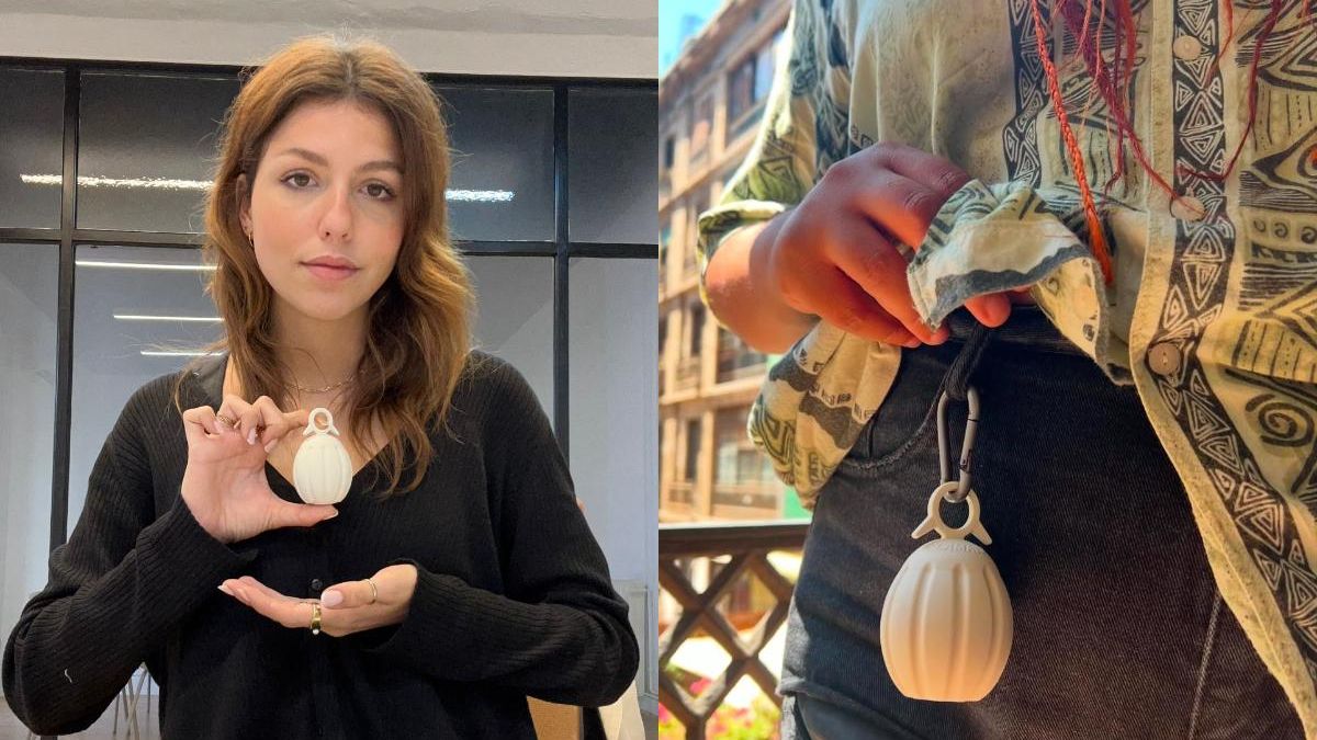 Julieta Rueff, fundadora de Flam Aid, junto a una de sus granadas pacíficas.