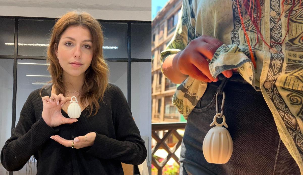 Julieta Rueff, fundadora de Flam Aid, junto a una de sus granadas pacíficas.