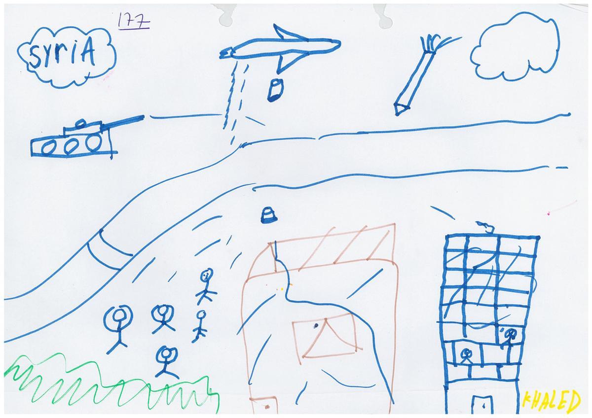 Dibujos realizados por niños sirios en el 2015 y cedidos por la oenegé Save The Children. Los dibujos formaron parte de una exposición en la estación central de Milán, un punto habitual de tránsito para las familias refugiadas que se dirigen al norte de Europa. El nombre y la edad de los niños se ha omitido para proteger su identidad.