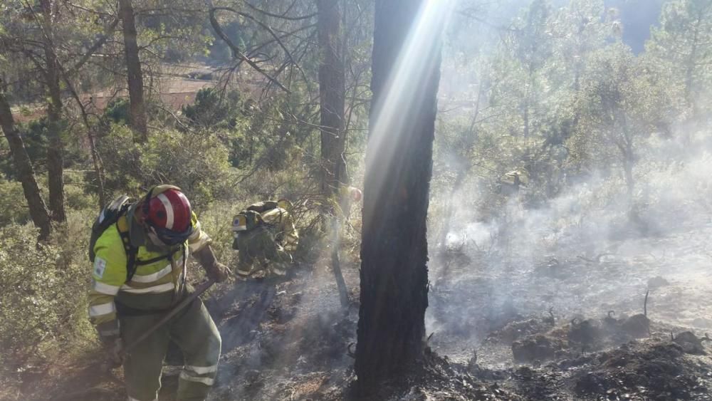 Helicóptero y bomberos de la Región colaboran en la extinción del incendio declarado en Paterna del Madera