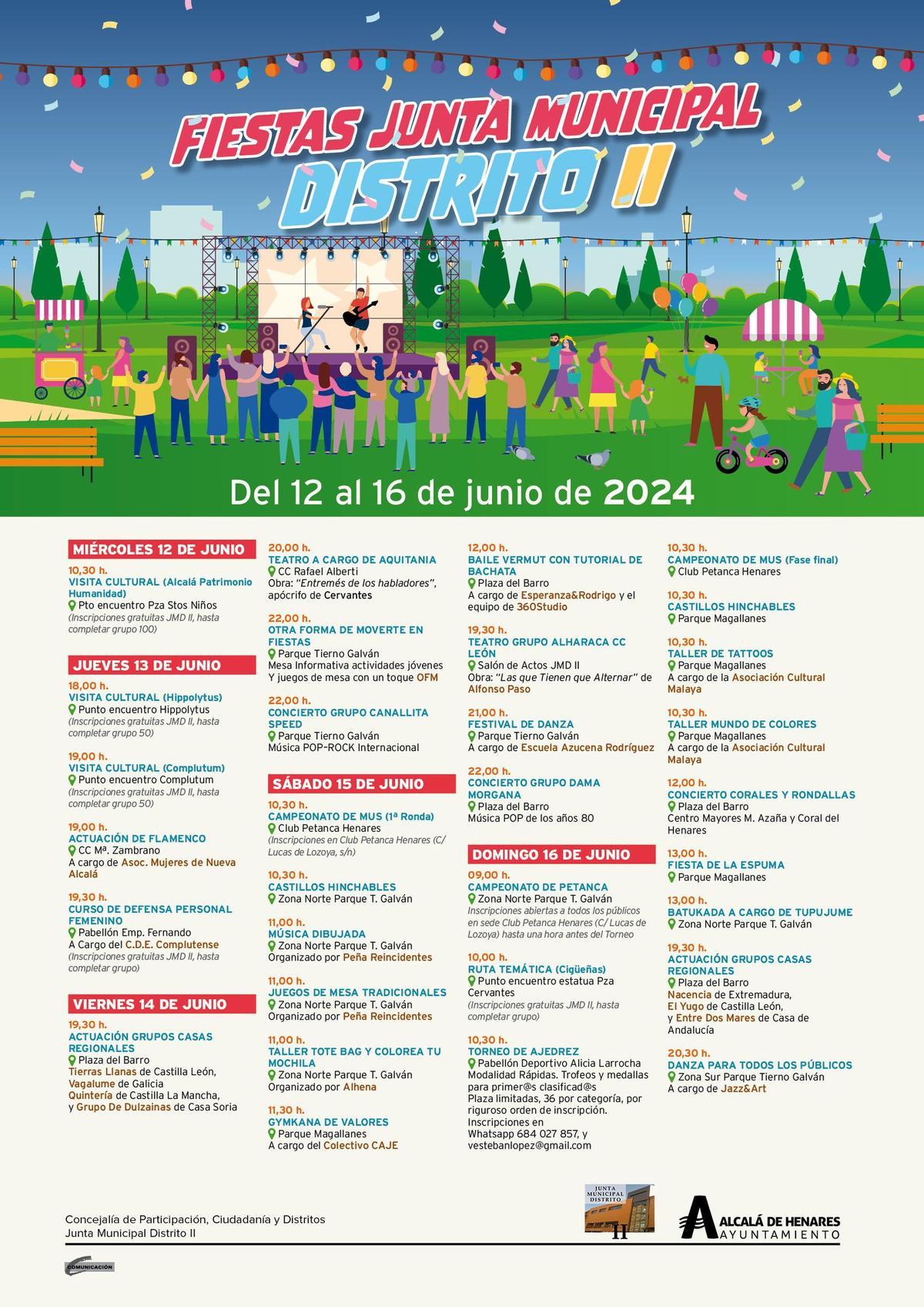 Porgramación Fiestas Distrito II de Alcalá de Henares en junio de 2024.