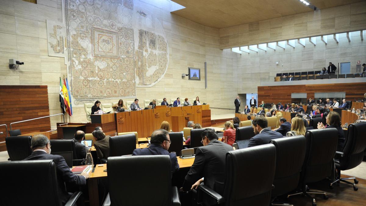Panorámica del hemiciclo de la Asamblea Extremadura durante un pleno.