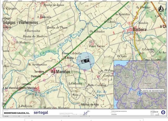 Plano da ubicación prevista da planta de biometano das Maroñas, en Mazaricos.