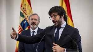 David Blázquez, responsable de relaciones institucionales e infraestructura de AWS en España y Portugal, con el presidente de Aragón en funciones, Jorge Azcón, en la presentación de la expansión de centros de datos.