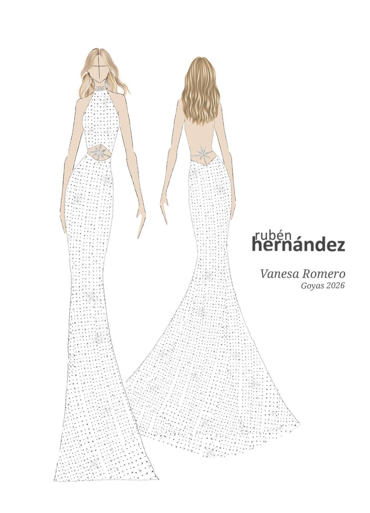 Un boceto del vestido joya confeccionado en crepé de seda blanco, de escote halter y espalda abierta, de Vanesa Romero