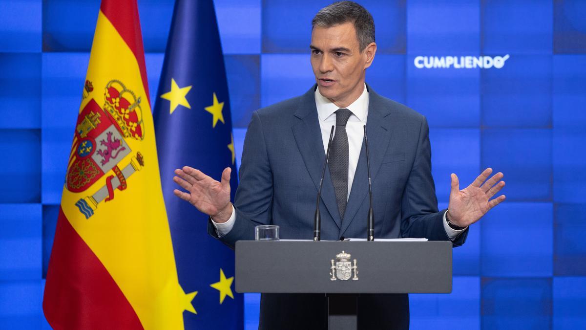 El presidente del Gobierno, Pedro Sánchez, durante su comparecencia este miércoles para hacer balance del curso político.