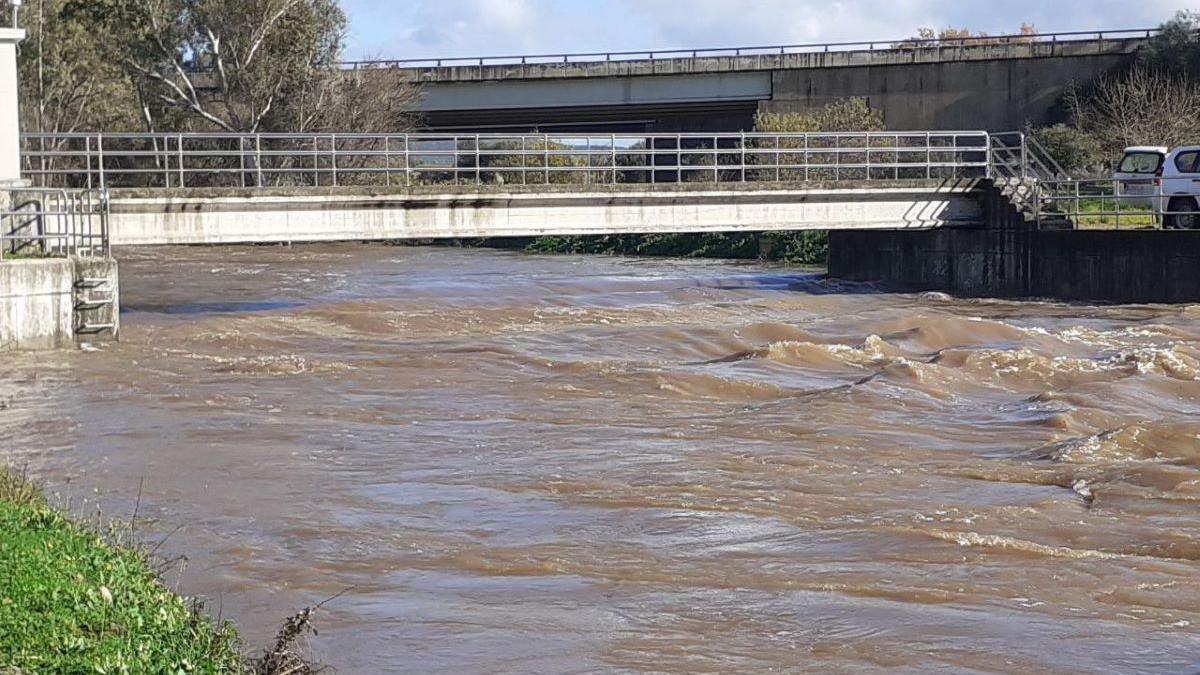 Caudal de río Aljucén que desemboca en el embalse de Montijo, ayer.