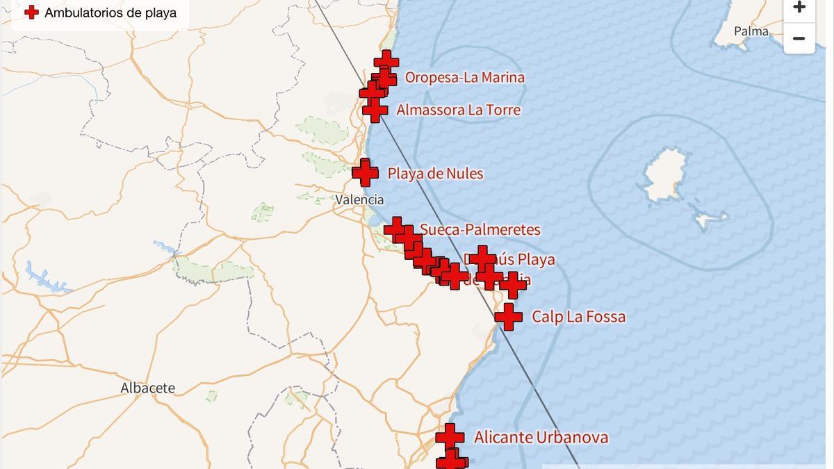Mapa de los consultorios de verano en las playas de la Comunitat Valenciana.