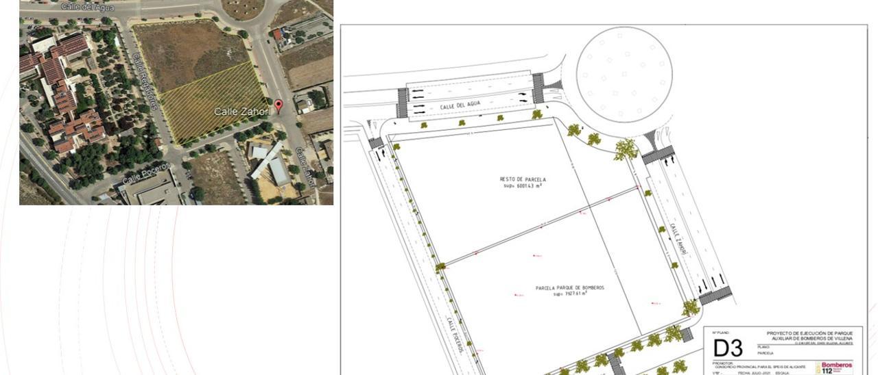 Imagen aérea y plano de los terrenos donde se construirá el nuevo Parque de Bomberos de Villena.