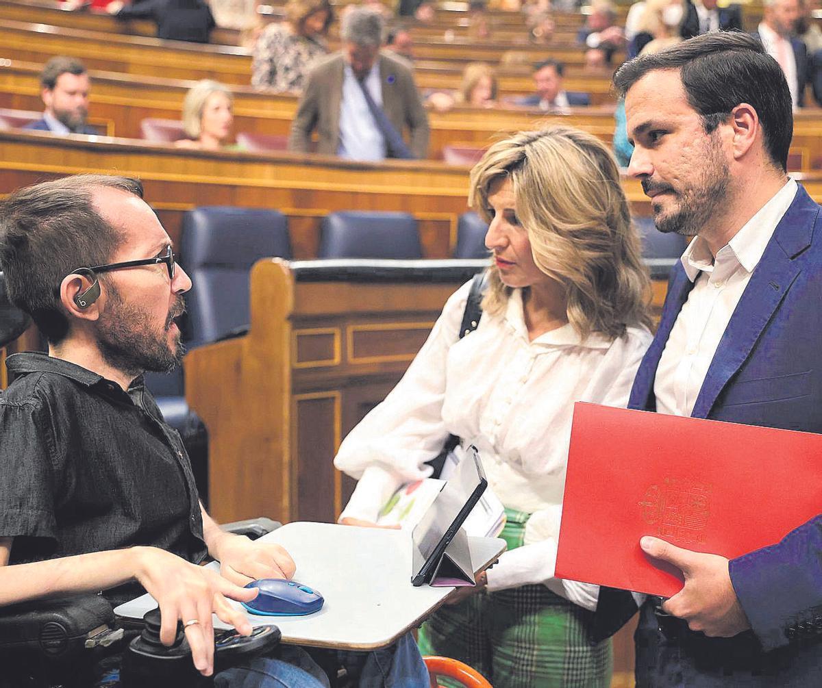 Pablo Echenique, Yolanda Díaz y Alberto Garzón en el Congreso, en la anterior legislatura.