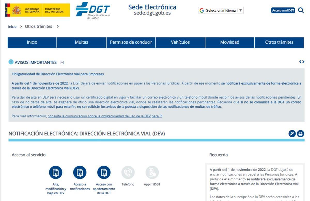 Plataforma Dirección Electrónica Vial de la DGT.