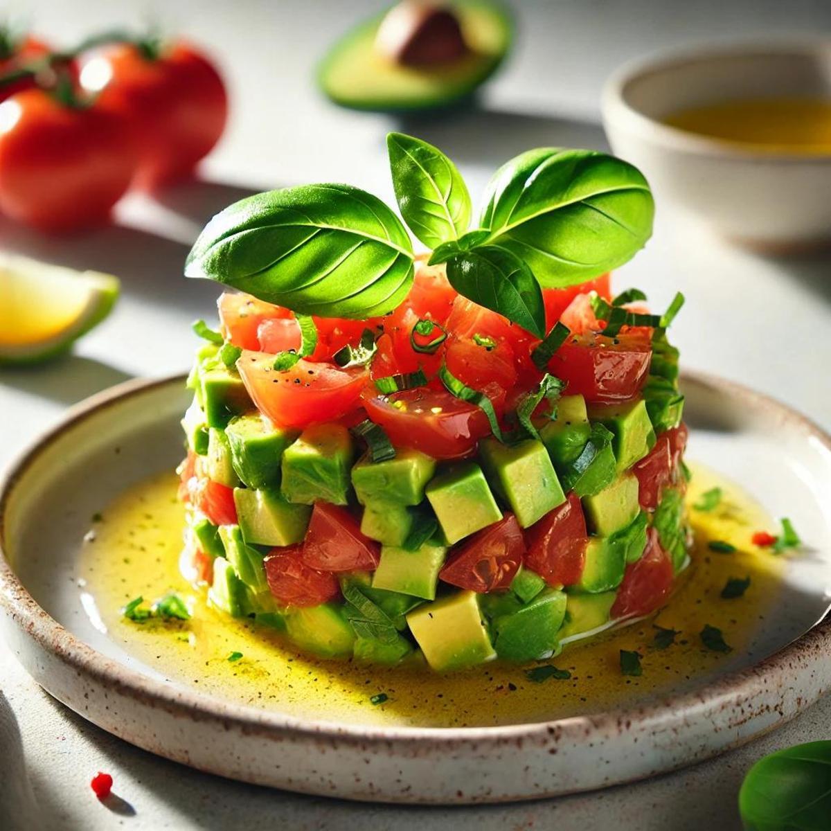Tartar de aguacate y tomate con vinagreta de mostaza.