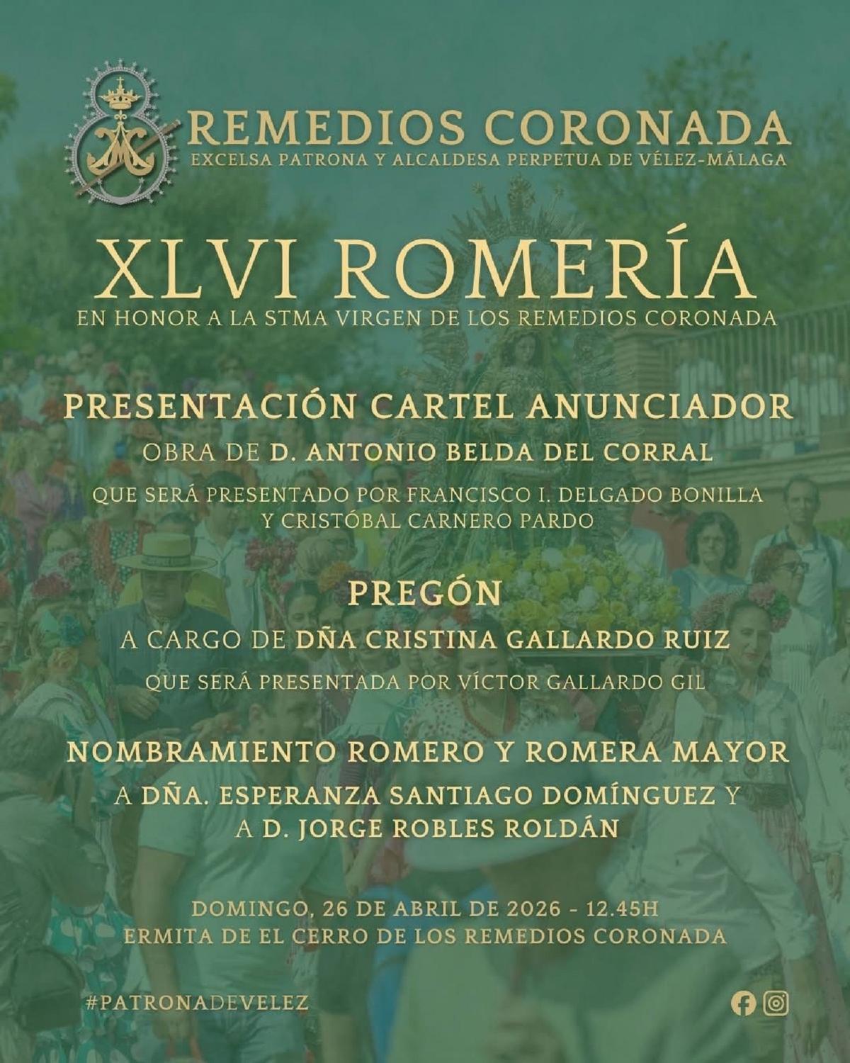 Vélez-Málaga acogerá el pregón y la presentación del cartel de la romería de la Virgen de los Remedios Coronada este fin de semana.