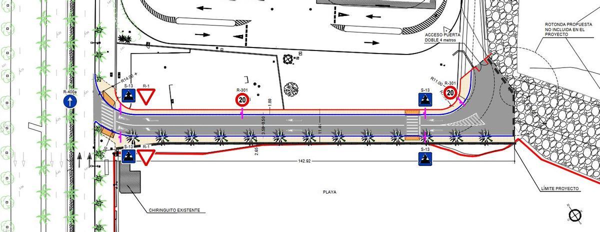 Plano del vial de acceso a la marina de San Andrés en el Puerto de Málaga.