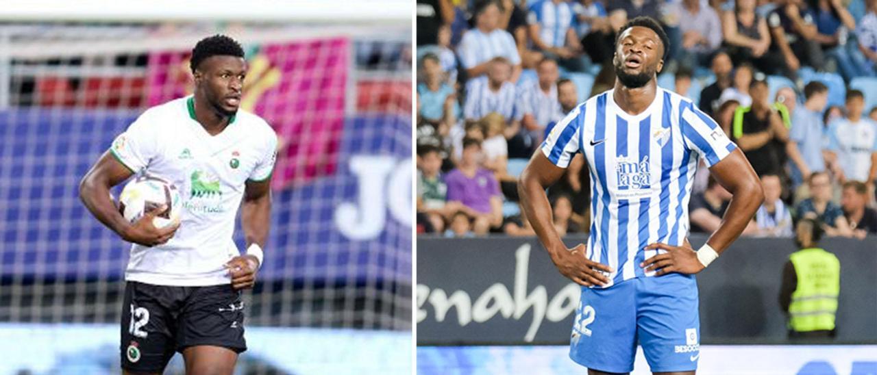 Sekou Gassama, con la camiseta del Racing y durante su etapa en el Málaga CF.