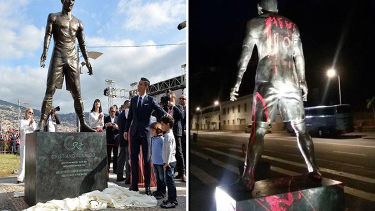 La estatua, antes y después de la pintada