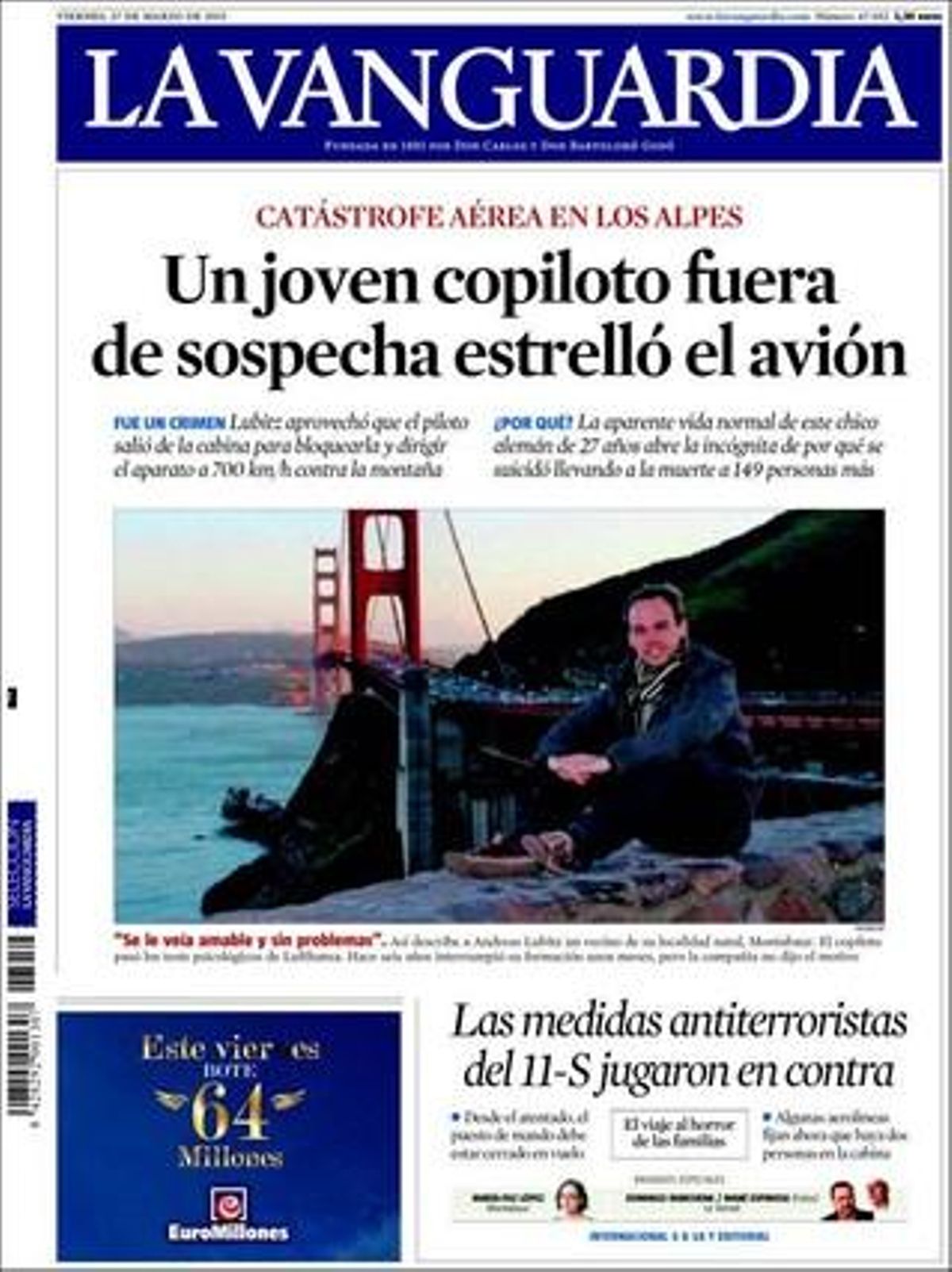 Portada del diario ’La Vanguardia’, España. 