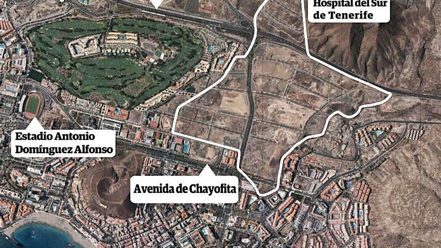 El Plan de El Mojón de Los Cristianos, cuya delimitación aparece en este gráfico, ocupa casi un millón de metros cuadrados, equivalente a 140 campos de fútbol. 