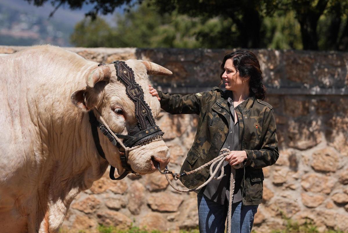 La presidenta de la Comunidad de Madrid, Isabel Díaz Ayuso, en una explotación ganadera en Guadalix de la Sierra.