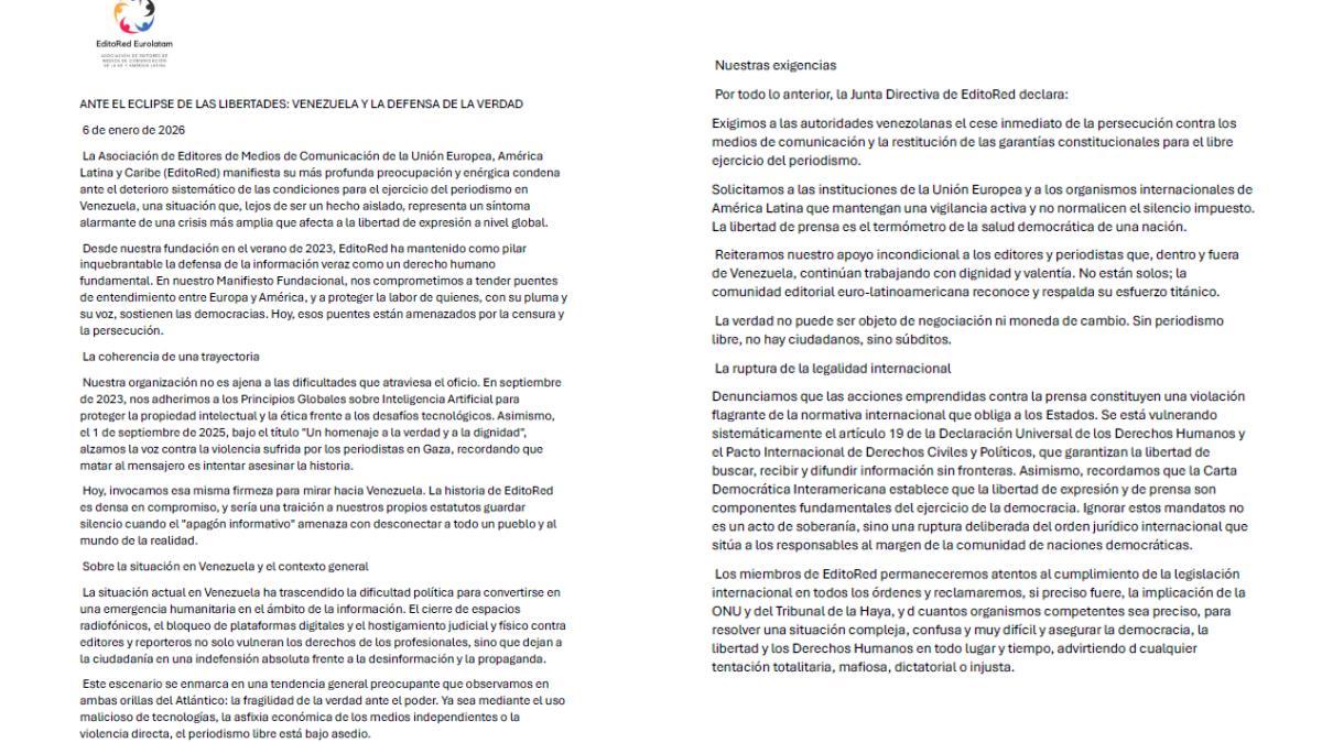 Una red de editores pide "vigilancia activa" a la UE ante el "apagón informativo" en Venezuela.