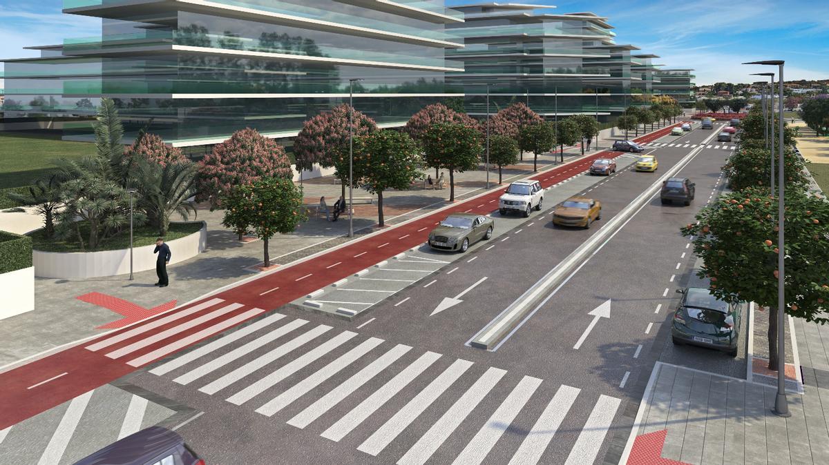 Recreación virtual de una de las calles del PAI con carril bici.