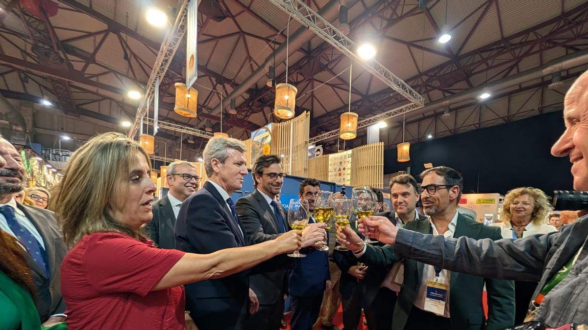 El delegado de Desarrollo Económico, Promoción y Empleo de la Diputación de Córdoba, Félix Romero (segundo por la derecha), brinda con el presidente de la Xunta de Galicia, Alfonso Rueda (segundo por la izquierda) en Salimat 2026.
