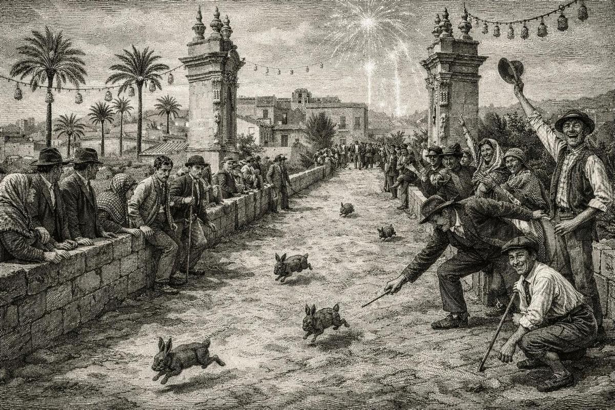 Dibujo de cómo podrían ser las carreras de conejos en el puente de la Virgen en 1885