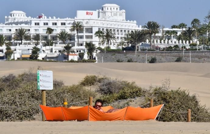 13/05/2019 MASPALOMAS. SAN BARTOLOME DE TIRAJANA. El presiddente del Cabildo de Gran Canria, Antonio Morales, y el consejero de Medio Ambiente y Emergencias, Miguel Ángel Rodríguez, informan del inicio de la segunda fase del proyecto para la recuperación de las dunas de Maspalomas, Masdunas, pionero en el mundo por sus carcterísticas .    Fotógrafa: YAIZA SOCORRO.  | 13/05/2019 | Fotógrafo: Yaiza Socorro