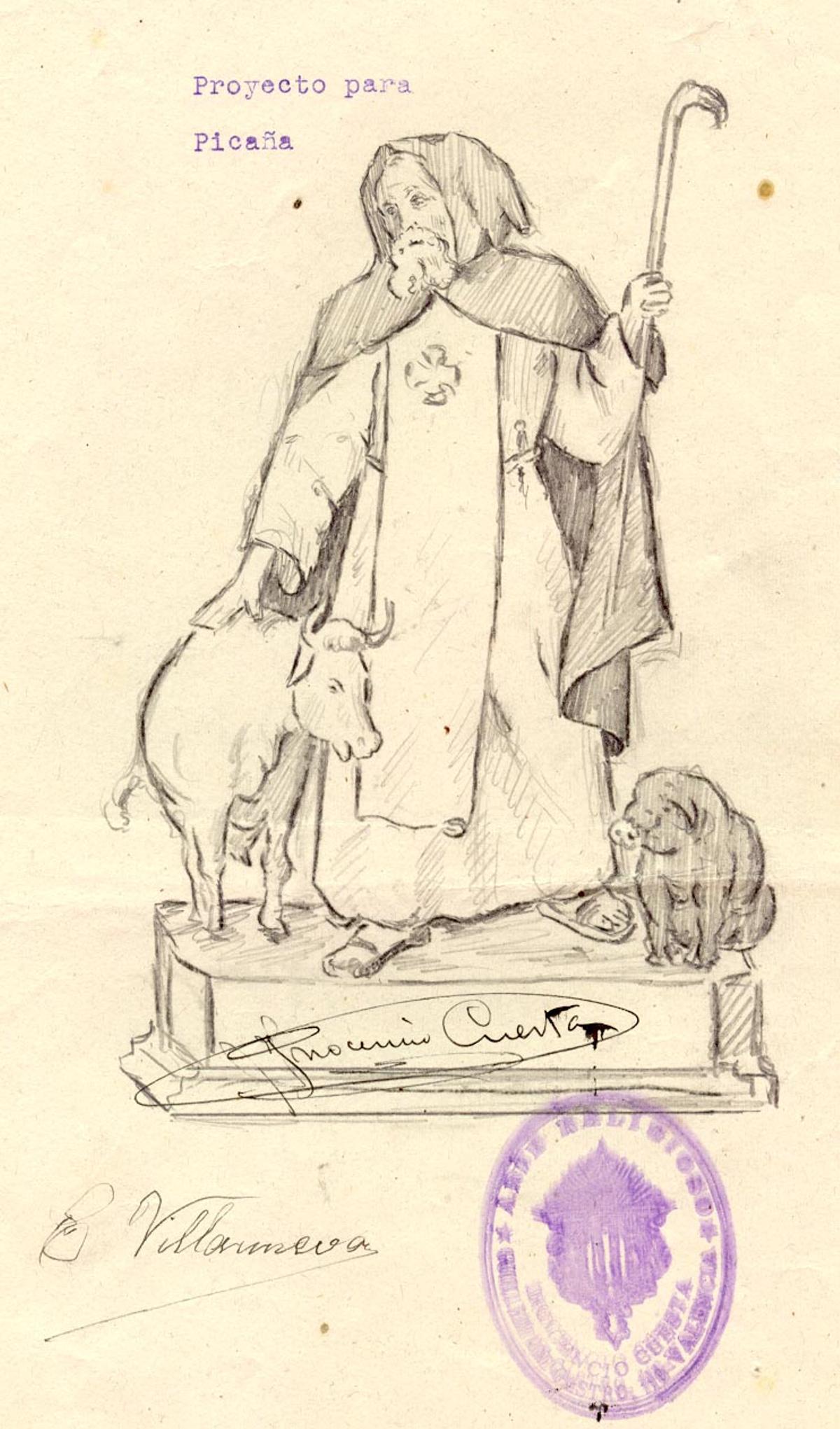 Eduardo Villanueva Berenguer. Esbós dibuixat de la imatge de sant Antoni Abat de Picanya. 1941.
