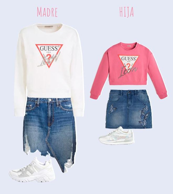 Look de sudadera, falda vaquera y zapatillas blancas para madres e hijas, de Guess