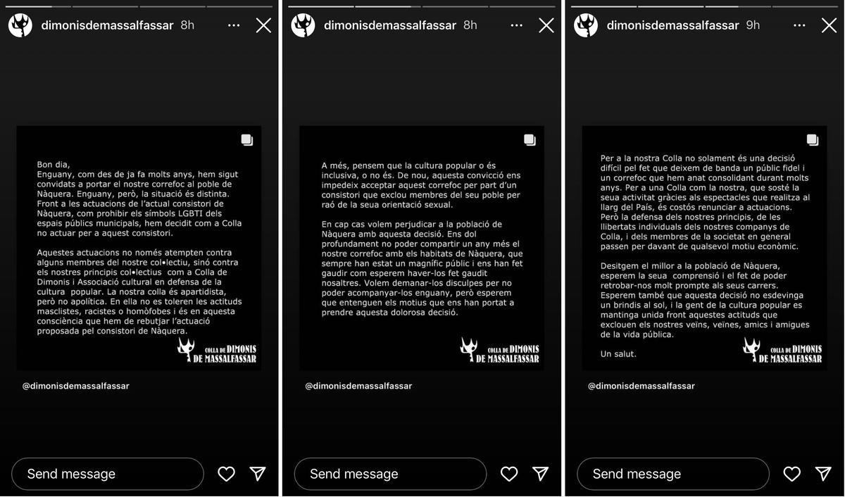 Comunicado de los Dimonis de Massalfassar donde rechaza actuar en Nàquera.
