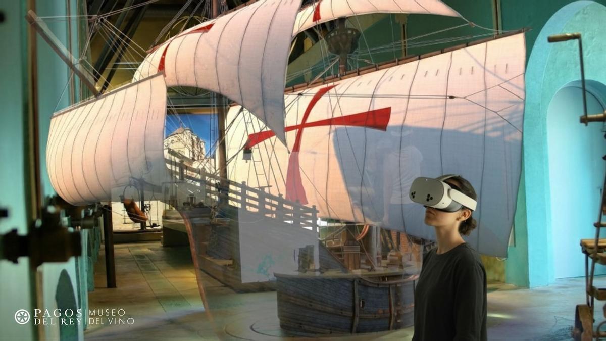 Una mujer usa gafas de realidad virtual en el Museo del Vino "Pagos del Rey" de Morales de Toro.