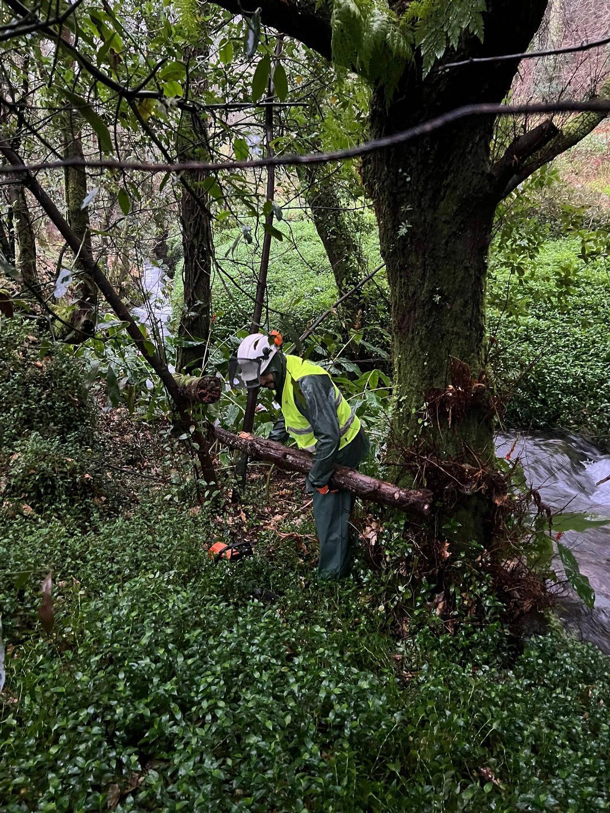 Un operario realizando traballos de limpeza nun río de Porto do Son.