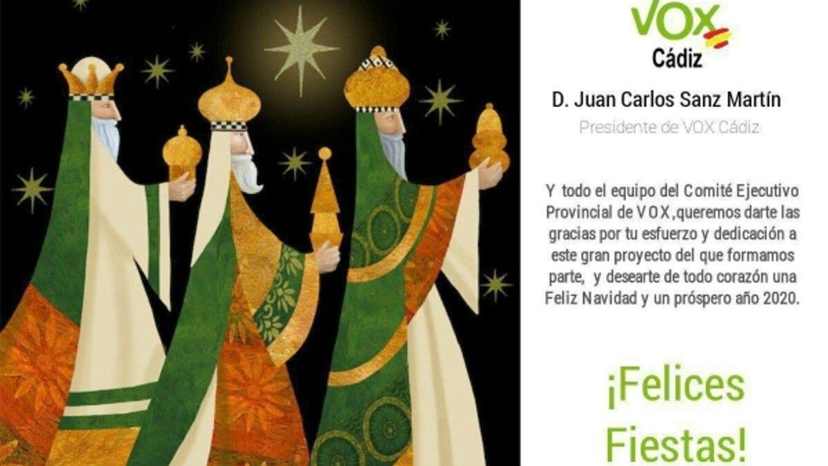 La primera felicitación navideña de Vox Cádiz, con los tres Reyes Magos blancos