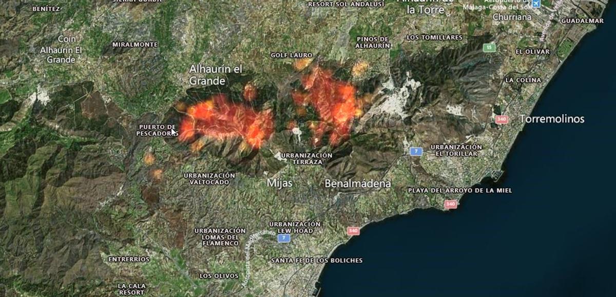 Fuentes de calor detectada por satélite a 17 de julio a las 10.00 horas.