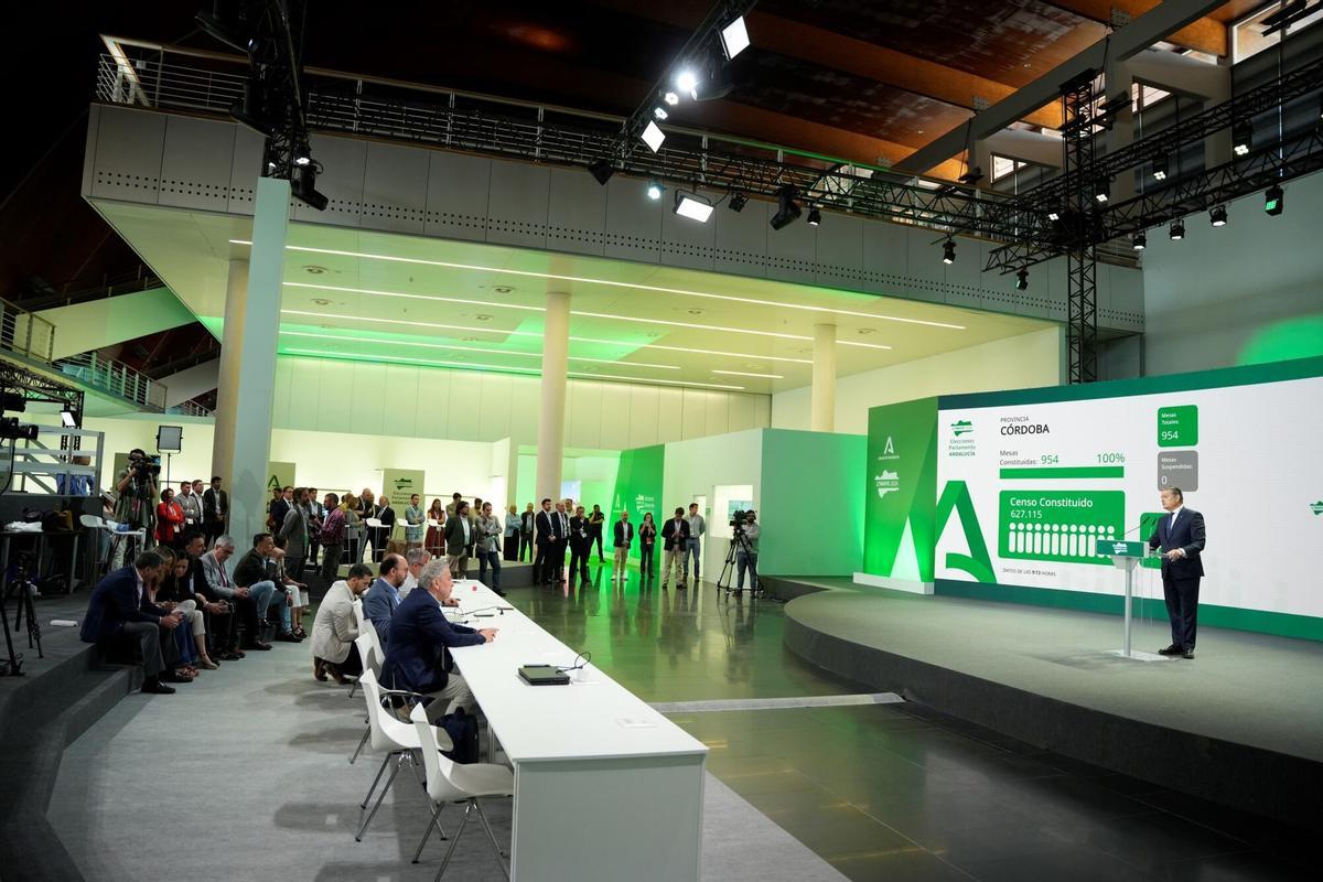 El consejero de Sanidad, Presidencia y Emergencias de la Junta de Andalucía, Antonio Sanz comparece en el Centro de Difusión de Datos de las elecciones del 17M en el Pabellón de la Navegación. El consejero de Sanidad, Presidencia y Emergencias de la Junta de Andalucía, Antonio Sanz comparece en el Centro de Difusión de Datos de las elecciones del 17M en el Pabellón de la Navegación.