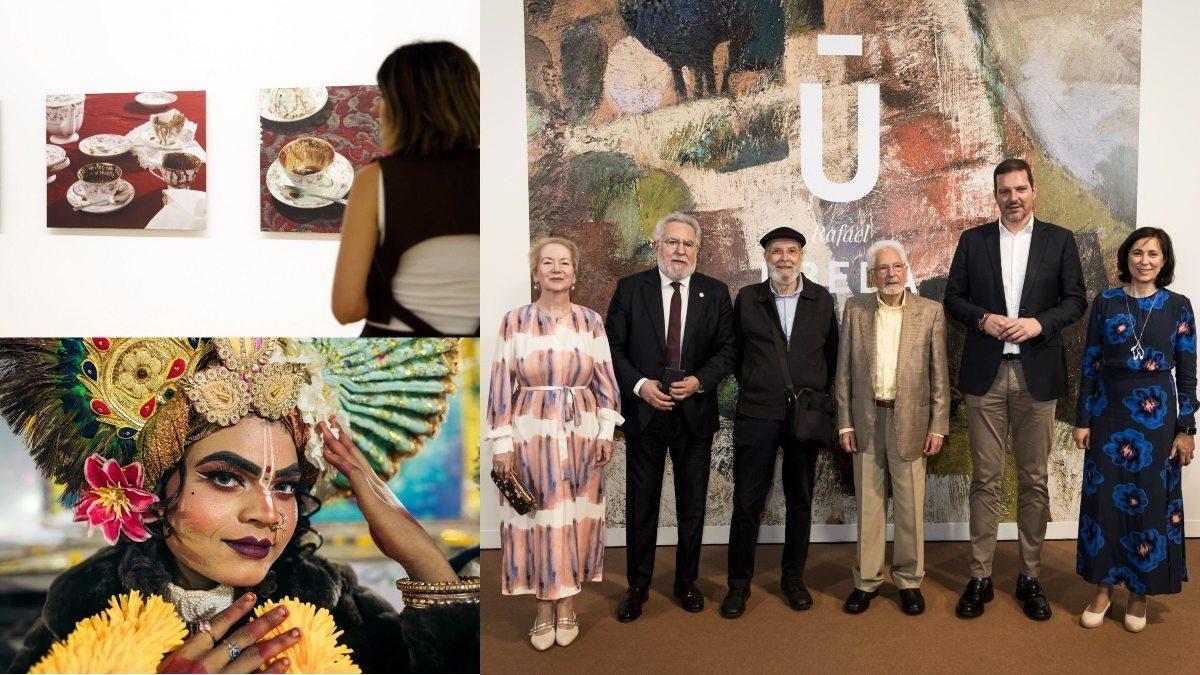 Plano de una muestra de Priscilla Monge en el CGAC y debajo: foto de ‘Kumbh Mela Prayagraj’, de Manuel Valcárcel. A la derecha: Corredoira, Santalices, Siro, Rafael Úbeda, López Campos y Vázquez, en el Museo Centro Gaiás.