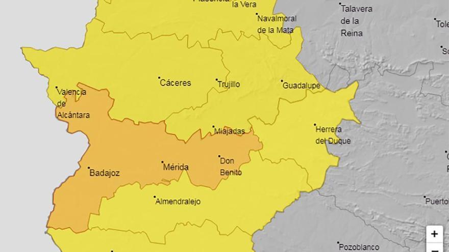 Las Vegas del Guadiana estarán hasta el martes en alerta naranja y el resto de Extremadura en amarillo