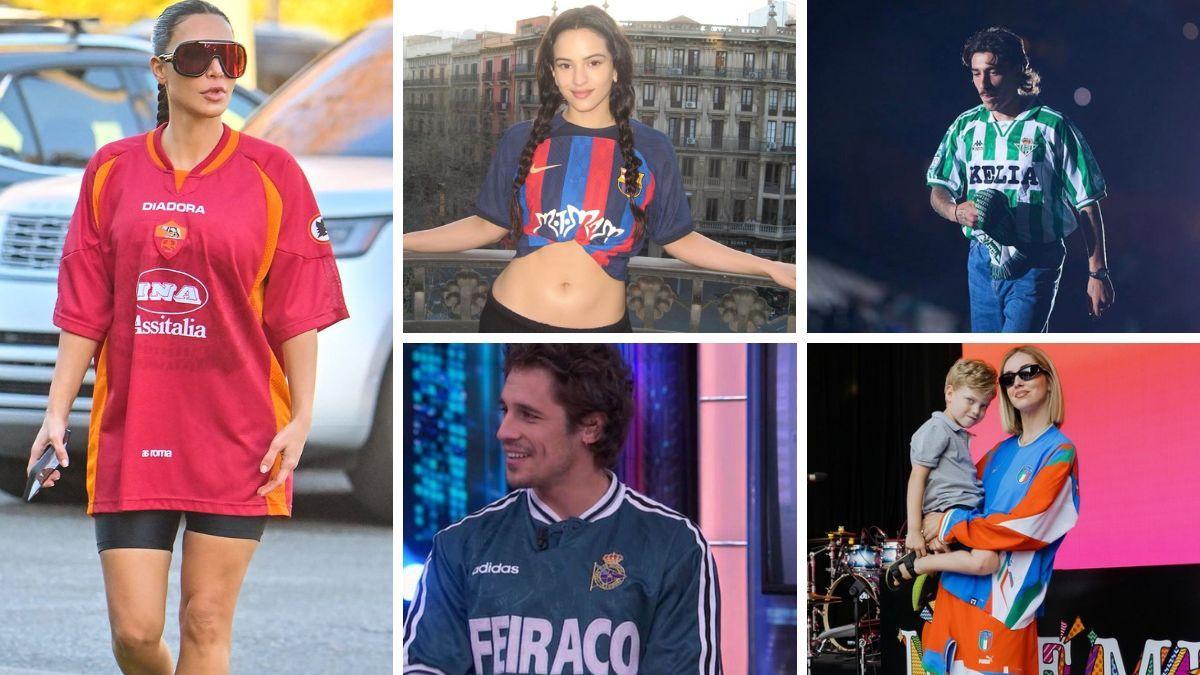 Algunos 'practicantes' del Bloke Core' como Kim Kardashian (vestida con la camiseta de la Roma), Rosalía, Bellerín, la influencer Chiara Ferragni que fue a un concierto con su hijo portando una maxi camiseta de la selección italiana.