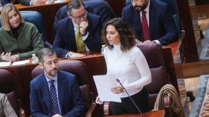 Isabel Díaz Ayuso en el pleno de la Asamblea de Madrid, delante del portavoz del grupo popular, Carlos Díaz Pache.