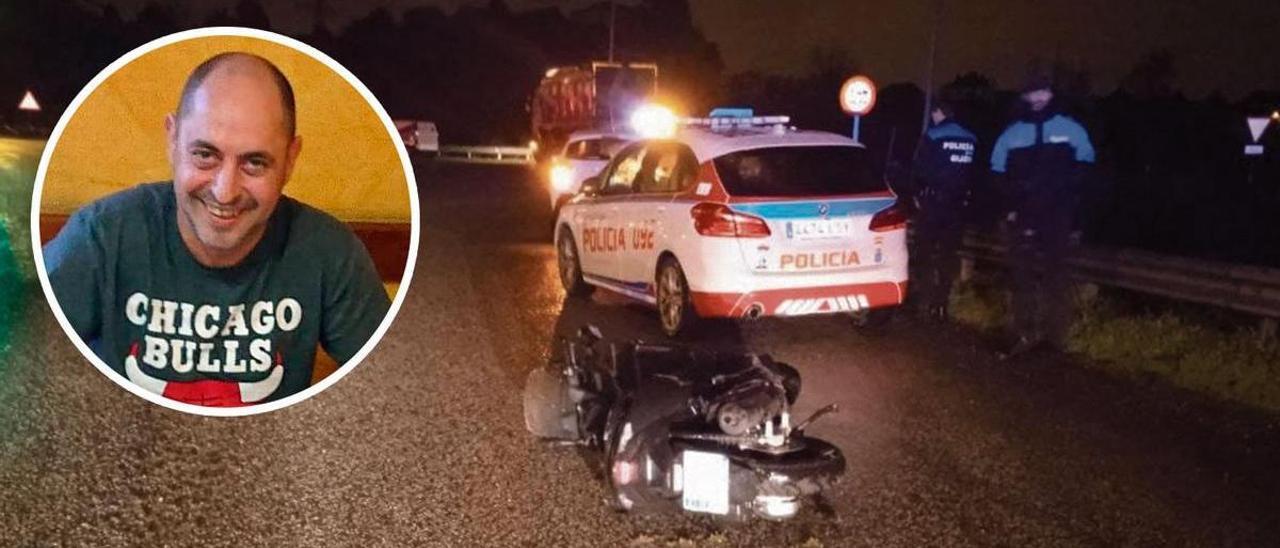 Bomberos y agentes de la Policía Local, la madrugada de ayer, junto a la motocicleta del fallecido tras el accidente a la altura de la rotonda de Cañamina. En el círculo, Fran Uribarri. |