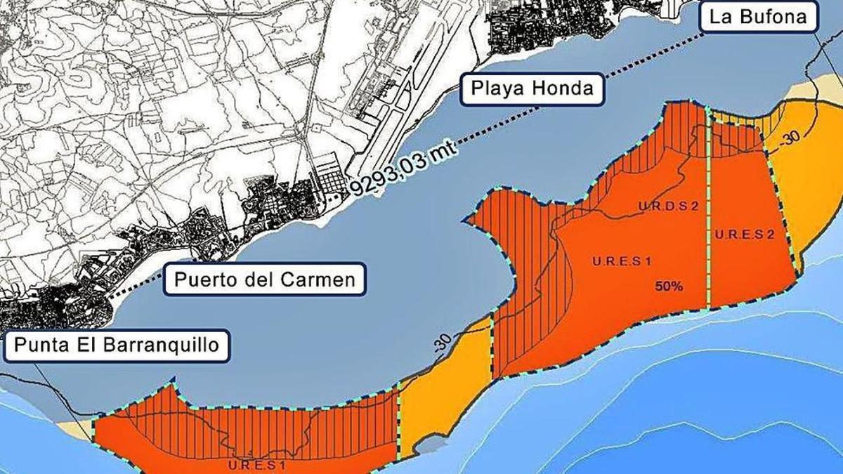 Zona prevista de instalación de jaulas de acuicultura frente a las costas de los municipios de Arrecife, San Bartolomé y Tías.