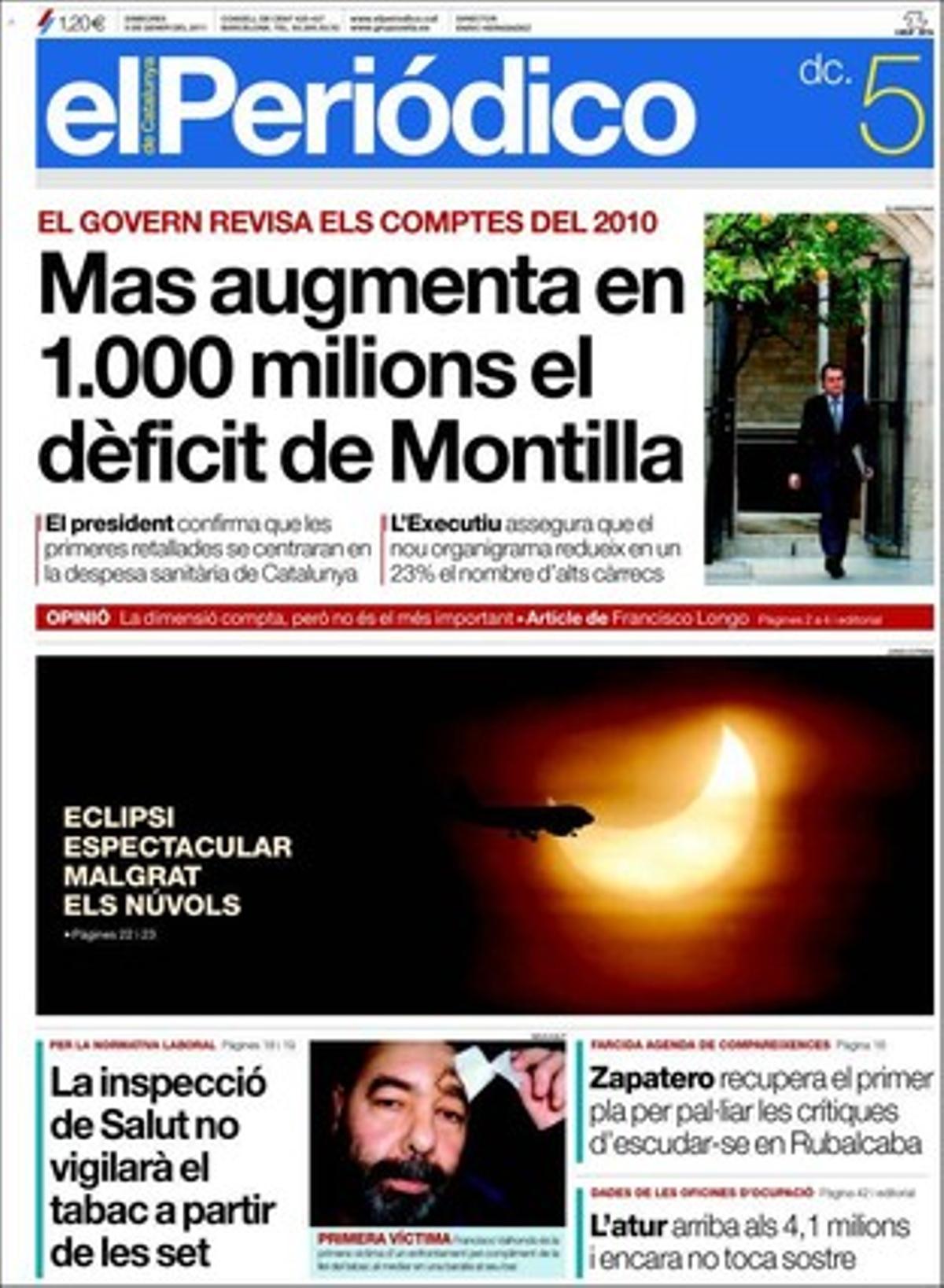 EL PERIÓDICO destaca a més en pàgines interiors que els catòlics de base rebutgen que Rouco maniobri per seguir com a president de la Conferència Episcopal Espanyola després de complir els 75 anys i que el Vaticà aplana el camí per fer beat Joan Pau II, que la crisi supera la inseguretat com a primer problema dels barcelonins segons el baròmetre municipal, que els proxenetes d’unes prostitutes xineses a Barcelona els donen pastilles negres per aguantar 48 hores seguides, que José Luis Rodríguez Zapatero diu que el dèficit del 2010 va ser millor del previst, que una patrullera marroquina va abordar un vaixell de la Barcelona World Race, i que la mare del fill de Cristiano Ronaldo vol recuperar el seu bebè.