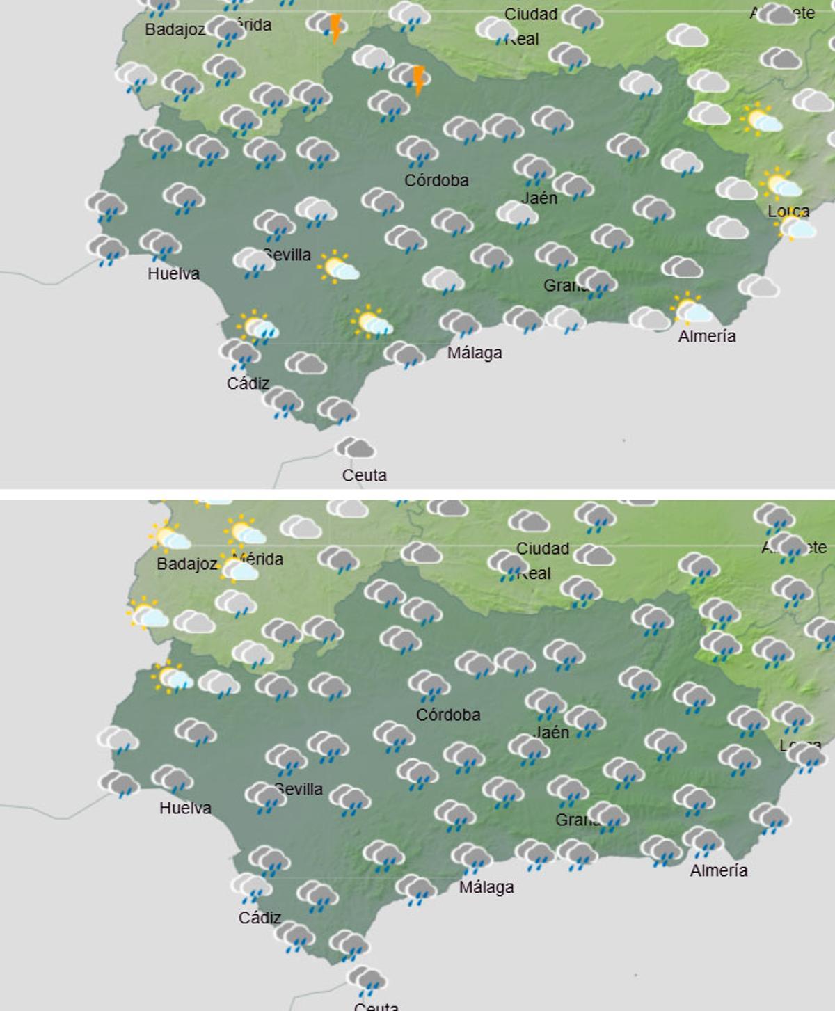 El tiempo en Andalucía el sábado de 06.00 a 12.00 horas (sup) y de 12.00 a 18.00 horas (inf).