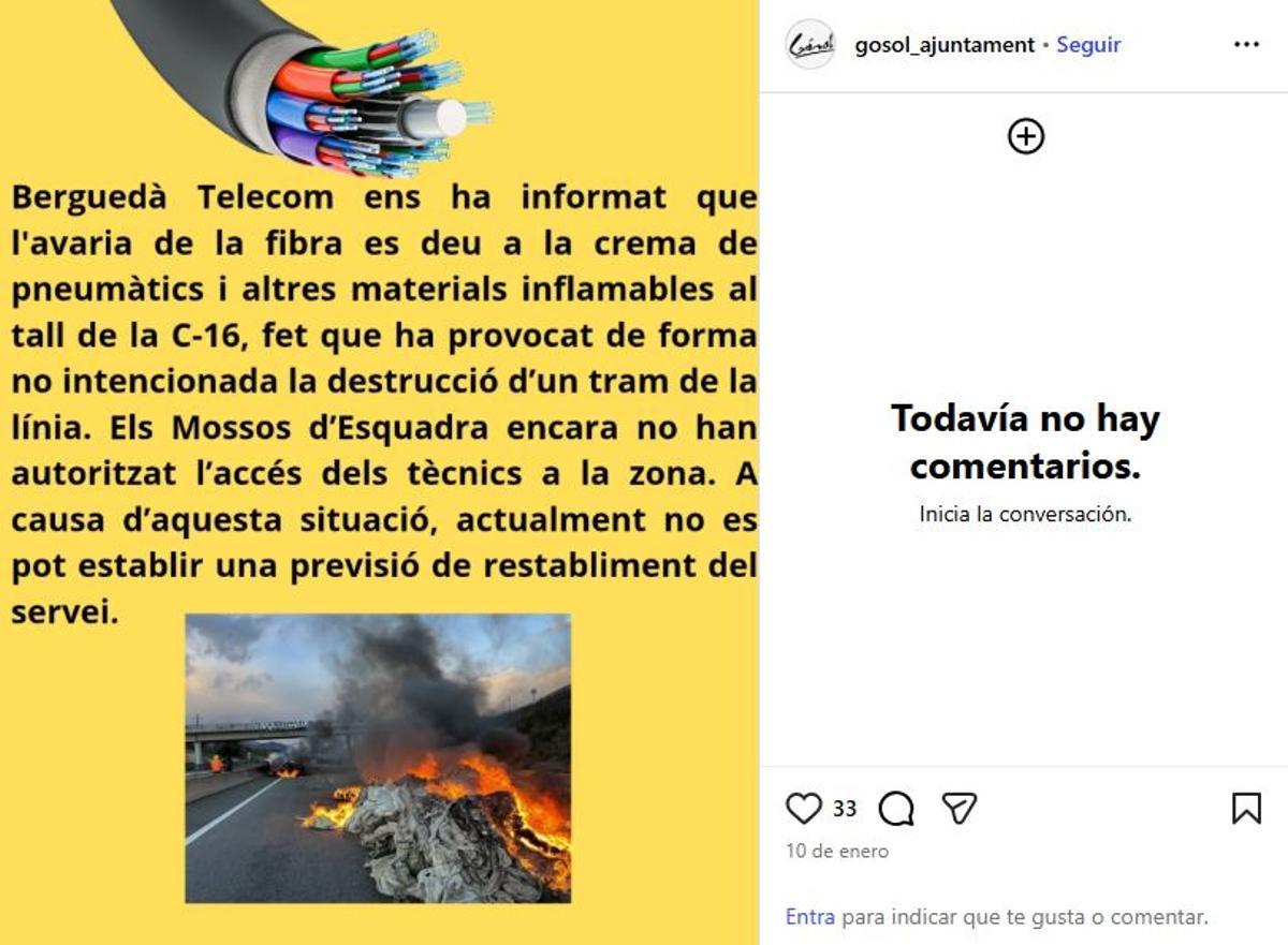 La publicació de l'Ajuntament de Gósol explicant els fets, el passat 10 de gener