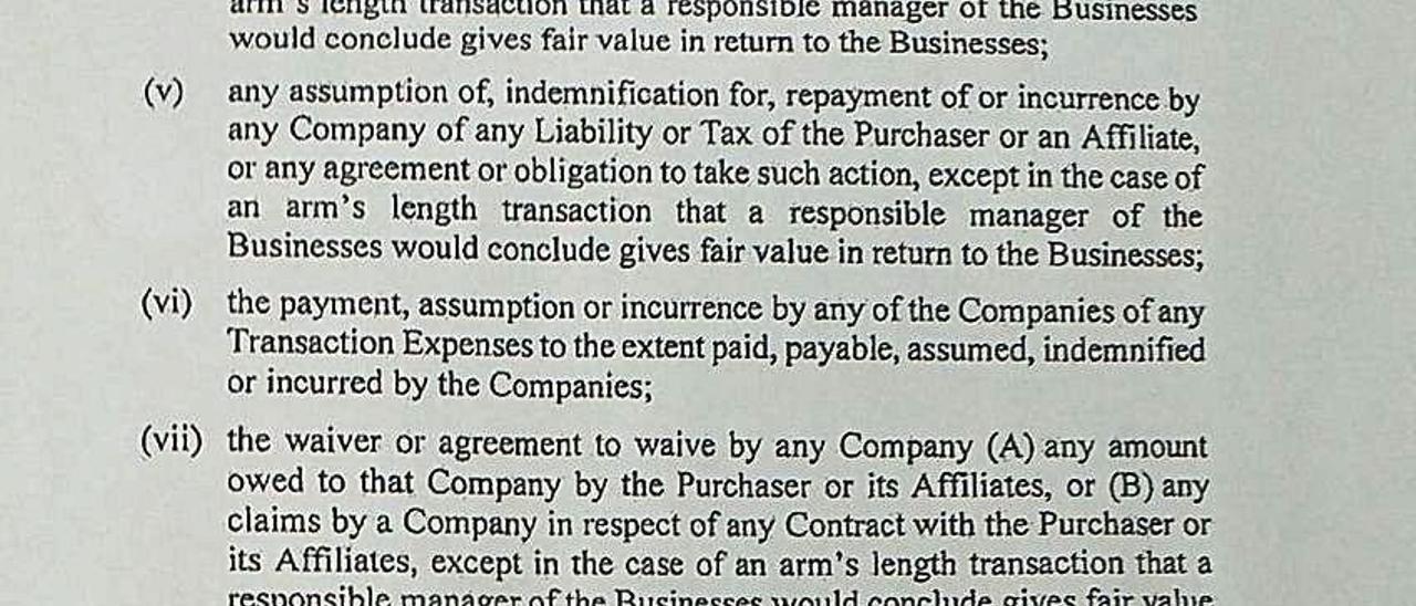 Un fragmento del contrato de venta de Alcoa a Parter.