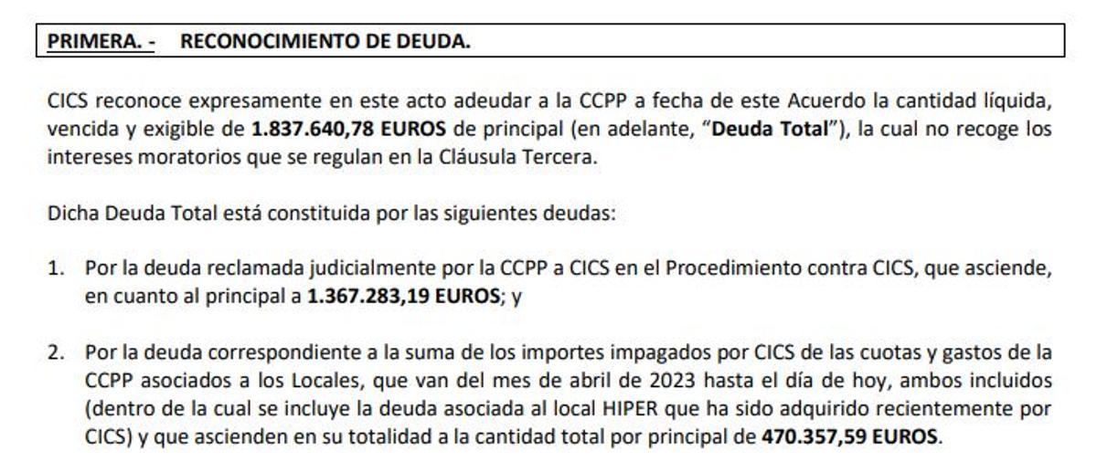 Extracto del contrato suscrito entre la comunidad de propietarios del Llobregat Centre y CICS.