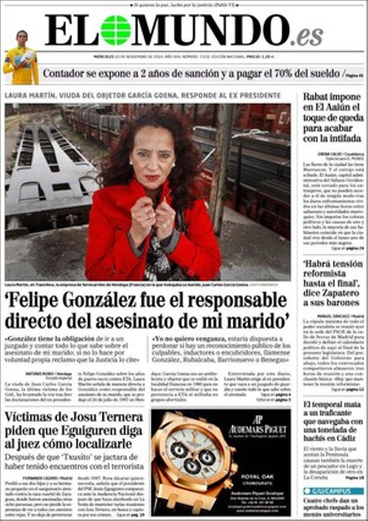 ’El Mundo’ destaca també a dins que l’exdiputat d’IU Antonio Romero denunciarà Felipe González per enaltir el terrorisme dels GAL i que els controladors aeris espanyols tracen un pla per tornar a cobrar 300.000 euros anuals.