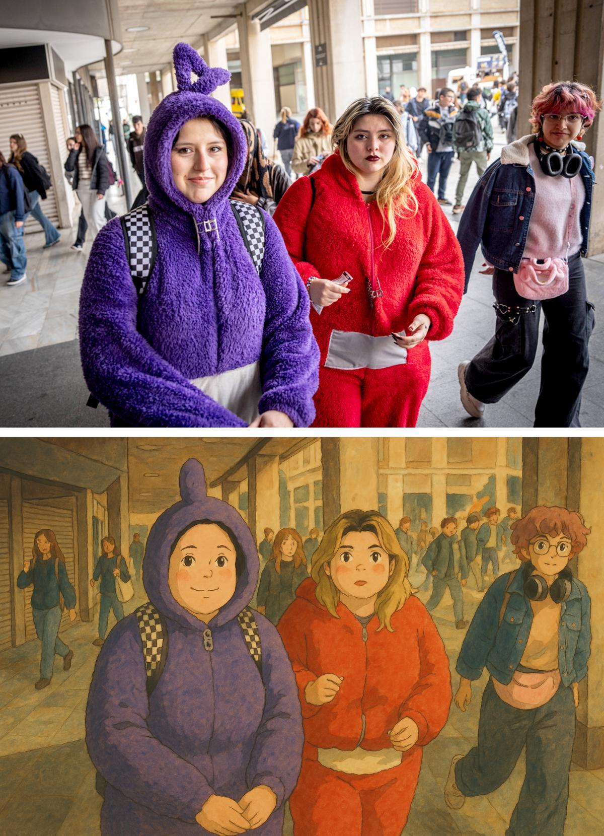 Arriba, público en el Cómic Barcelona, este viernes; abajo, la fotografía adaptada al estilo Ghibli por ChatGPT