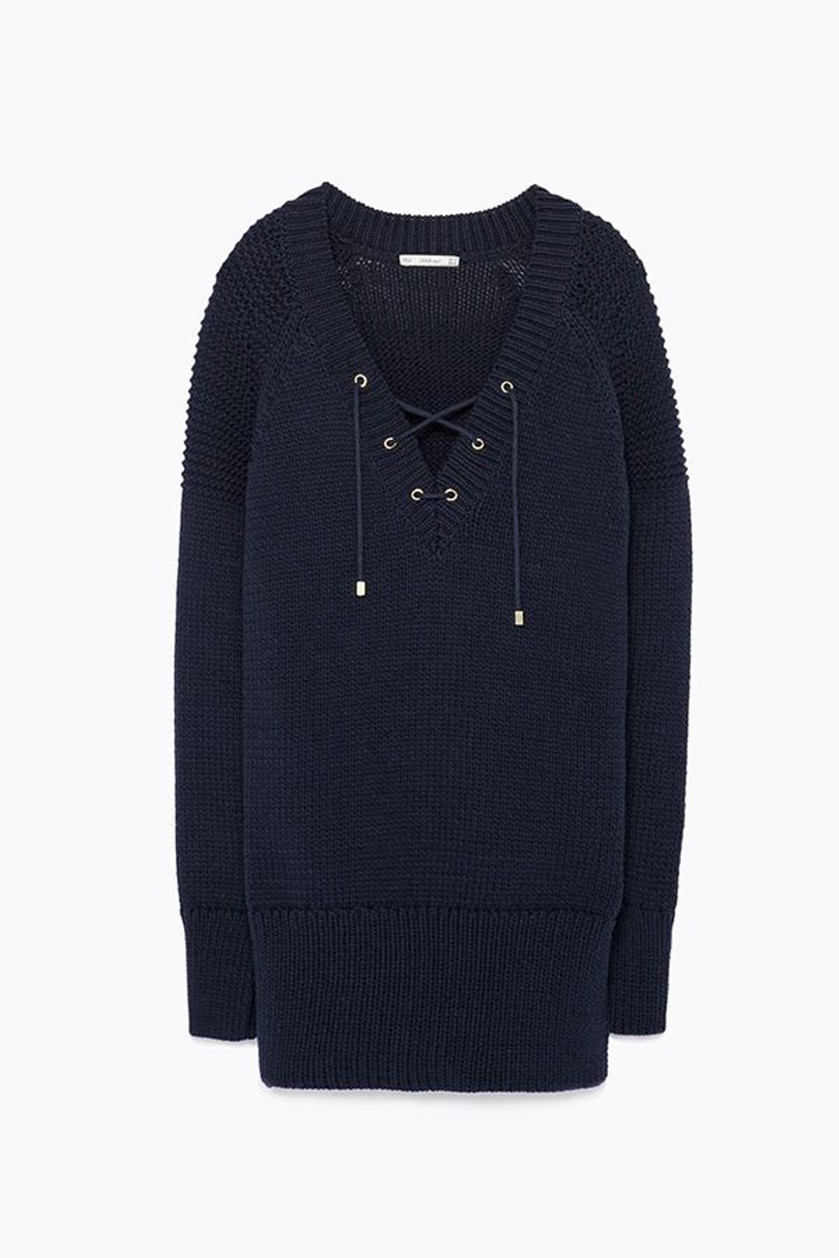 Jersey escote pico cordón cuello de Zara (9,99€)